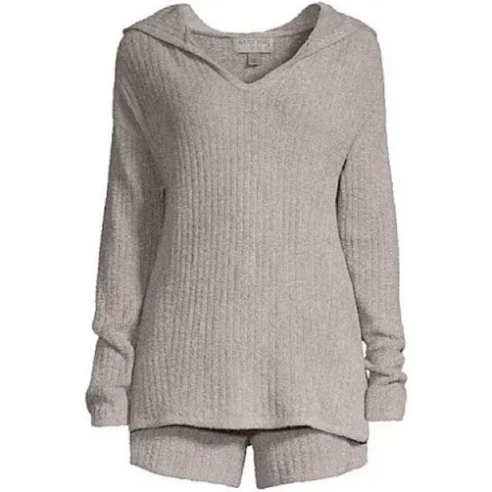 Barefoot Dreams CozyChic Ultra Lite Rib Knit Hoodie Sweater Small Tan